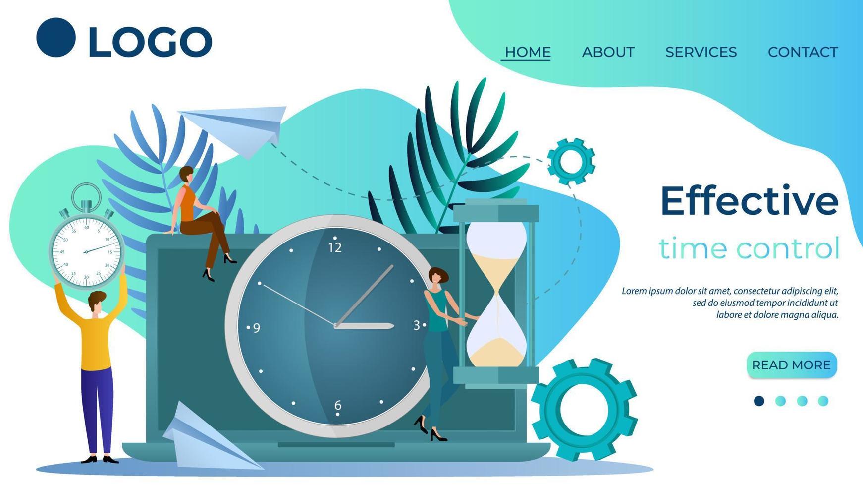 Effective time control.Time-management.People effectively allocate time.Teamwork.The template of the landing page.Flat vector illustration.