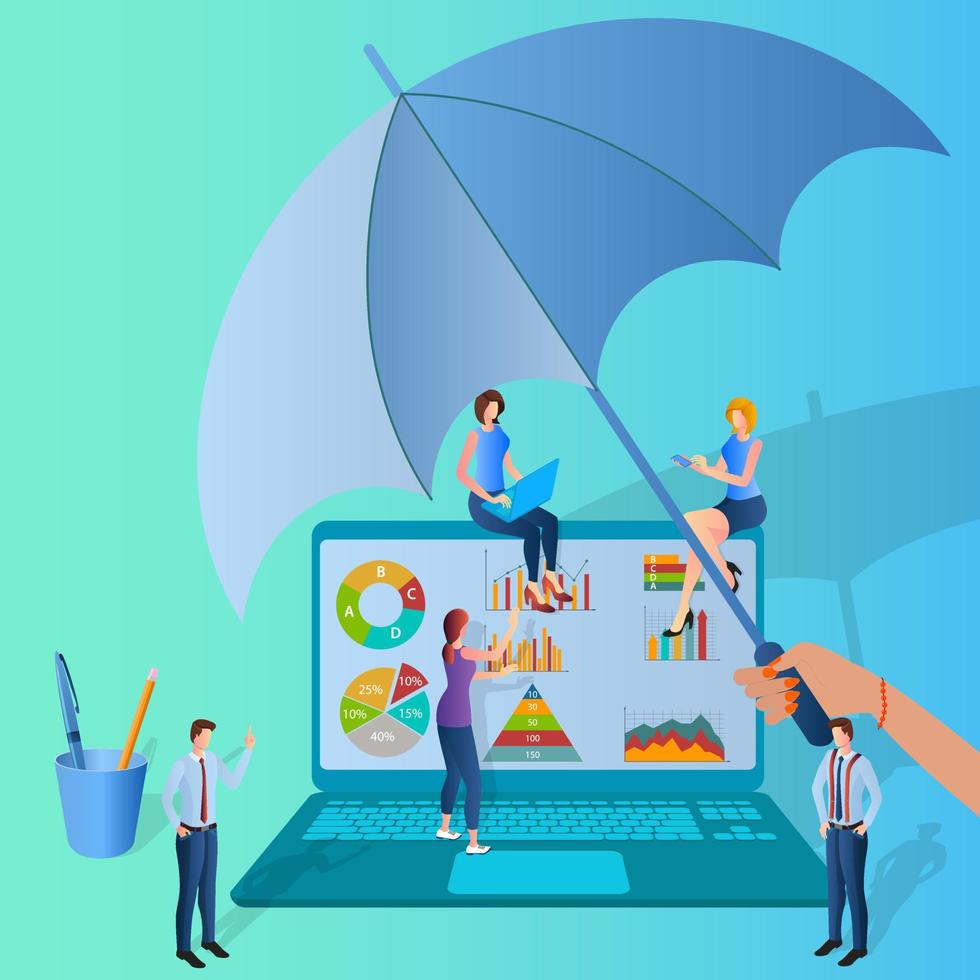 Business insurance.People and a hand with an umbrella covers businessmen on the background of a laptop with infographics.The concept of promoting and protecting business and business projects. vector