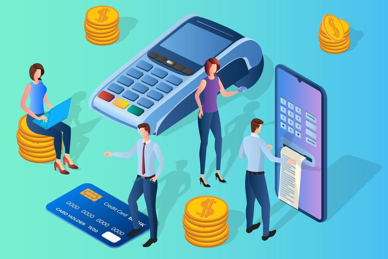 Online transfers.People on the background of a smartphone and a payment terminal are engaged in transferring Bank funds.The concept of online banking and transfers via the Internet.Isometric vector