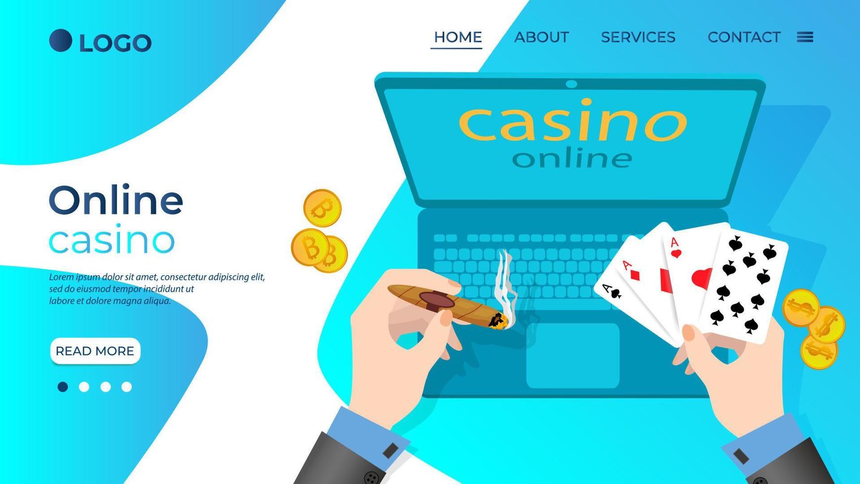 Online casino.Of computer hand, a gambler and playing cards.The concept of organizing online gambling.Flat vector illustration.The template of the landing page.