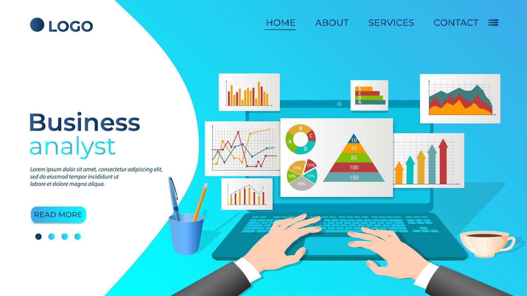 Business Analyst.A businessman studies data on his laptop.The concept of remote work, office work, and freelancing.Infographics of business and Finance.Flat vector illustration.
