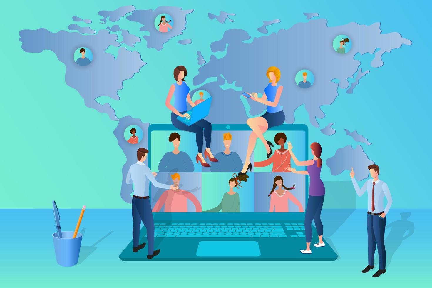 People hold a business conference online.People communicate with each other via the Internet.Online training, Remote work, freelancing.Virtual office on the background of the world map. vector