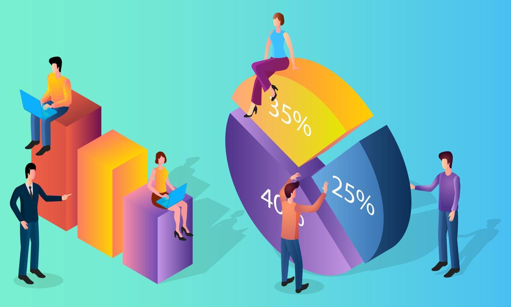 Business people and infographic.The concept of business control.Business Analytics and financial control.People on the background of infographic characters.Isometric vector illustration.