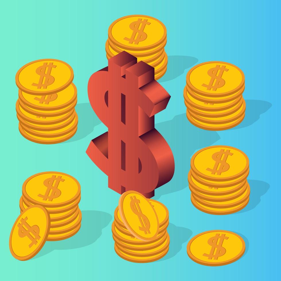 The symbol of the dollar and dollar coins on a blue green background.Concept of financial operations.Design elements.Isometric vector illustration.