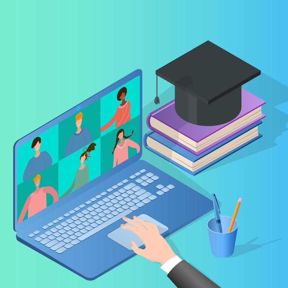 Online education.People get an education through an online connection.Web conference online exams.Isometric vector illustration.