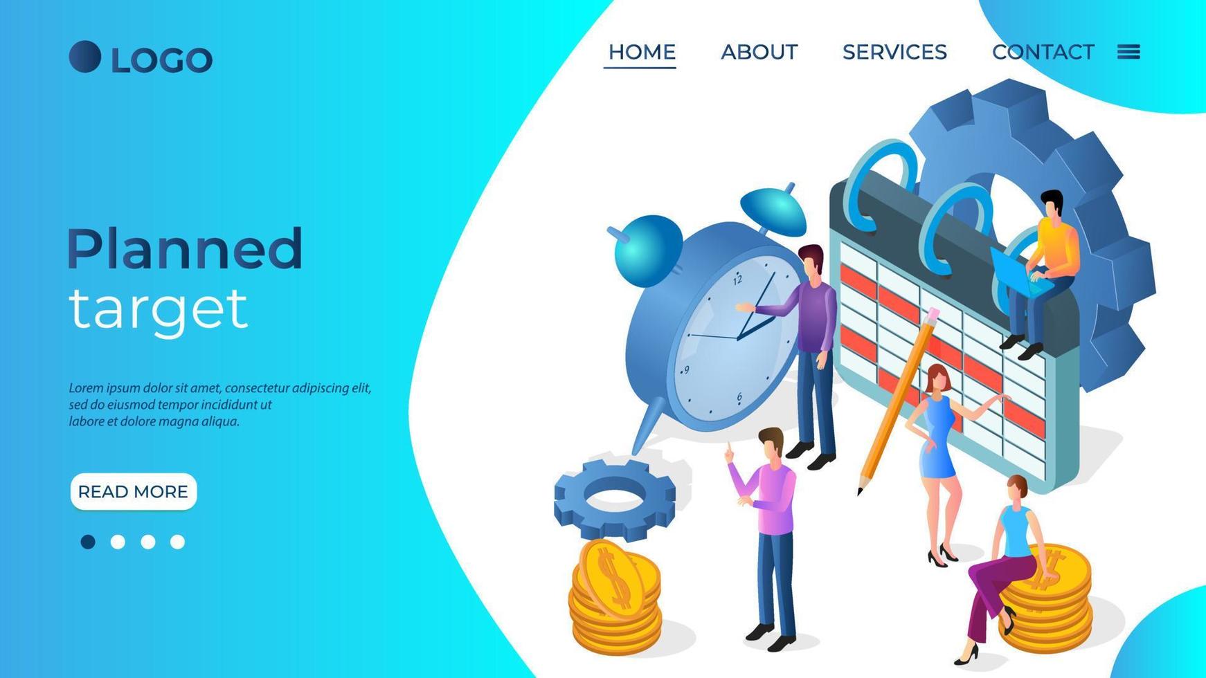 Planned target.People achieve their goals.Teamwork.Running a business achieving a goal.The template of the landing page.Isometric vector illustration.