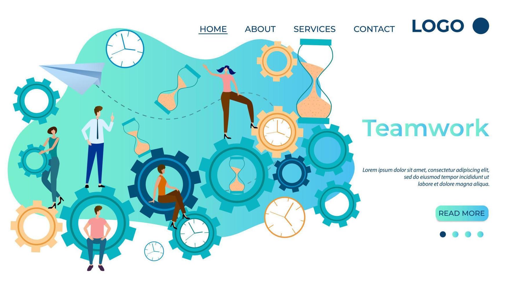 Teamwork.The concept of business development.A symbol of team partnership and collaboration.People are gears and clocks.Time control.The template of the landing page.Flat vector illustration.