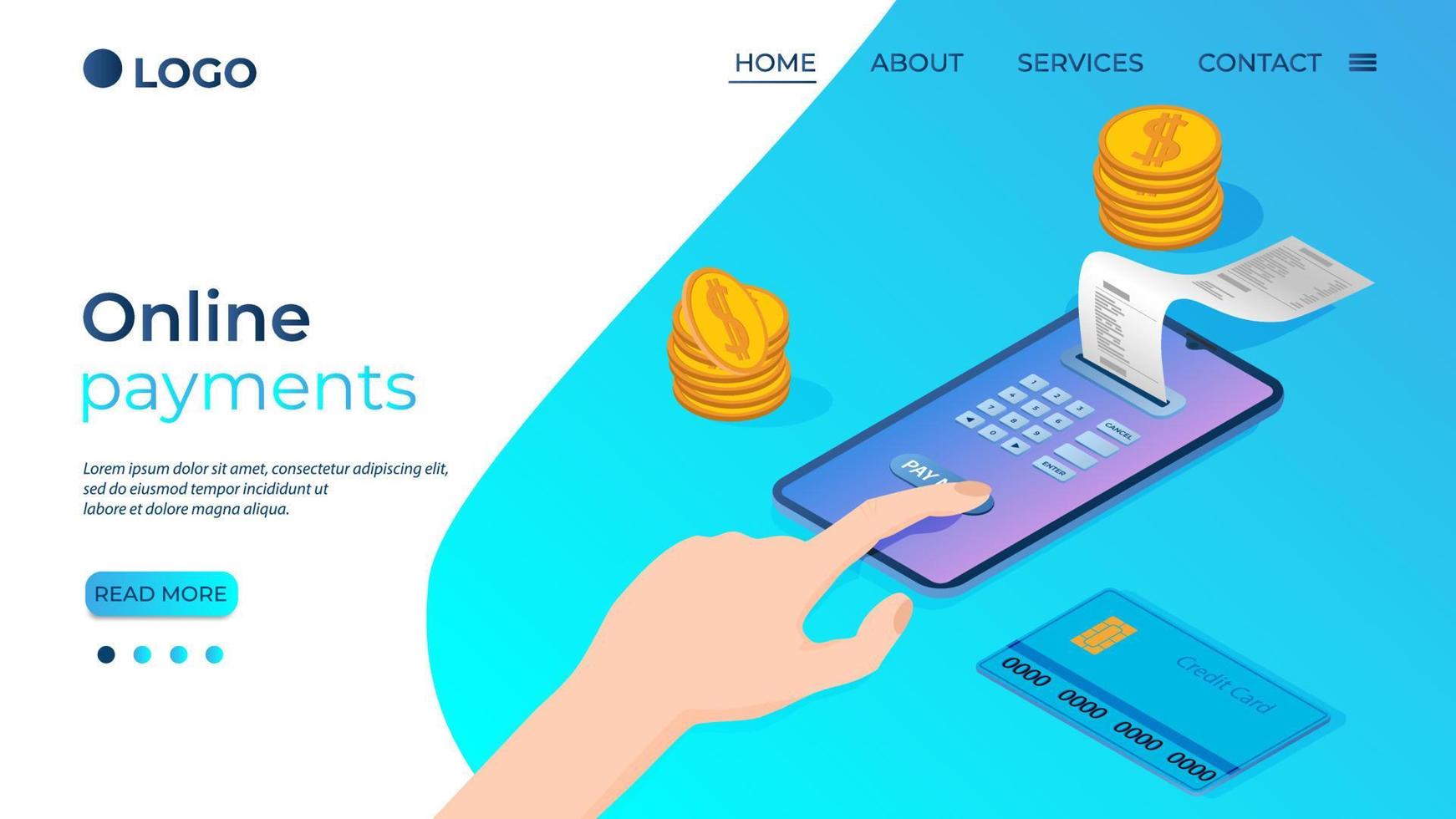 Online payments.A human hand using a smartphone to transfer funds.The concept of modern money transfer.Isometric vector illustration.The template of the landing page.