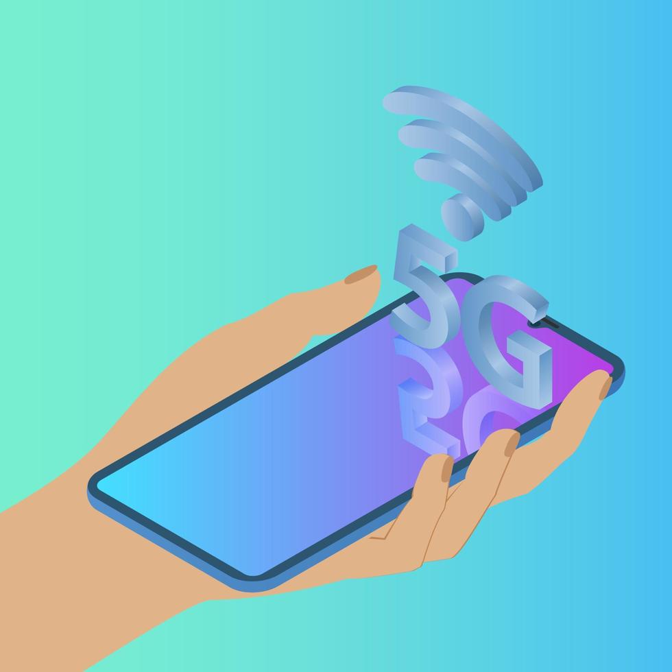 A person uses a smartphone with 5g high-speed Internet.Modern communication technologies.The next generation Internet.Isometric vector illustration.