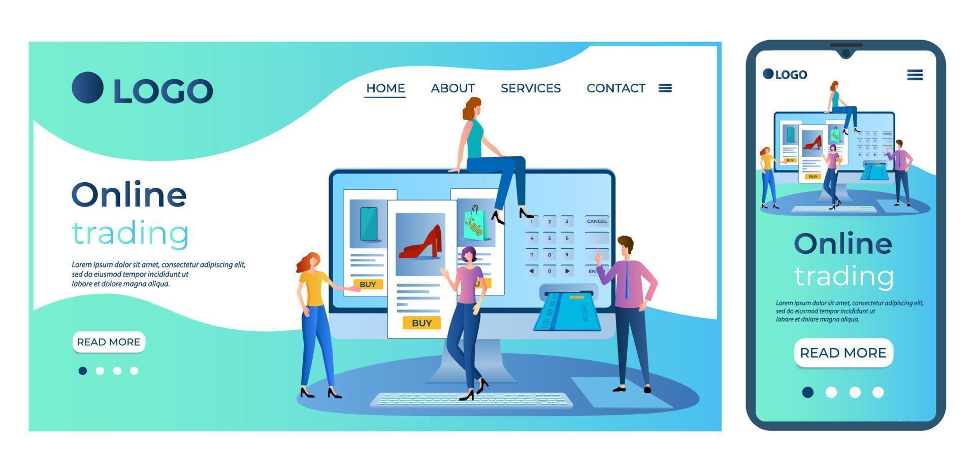 Web store.Online trading.People make purchases in an online store.The concept of digital Commerce.Landing page template is an adaptation for a smartphone.Flat vector illustration.