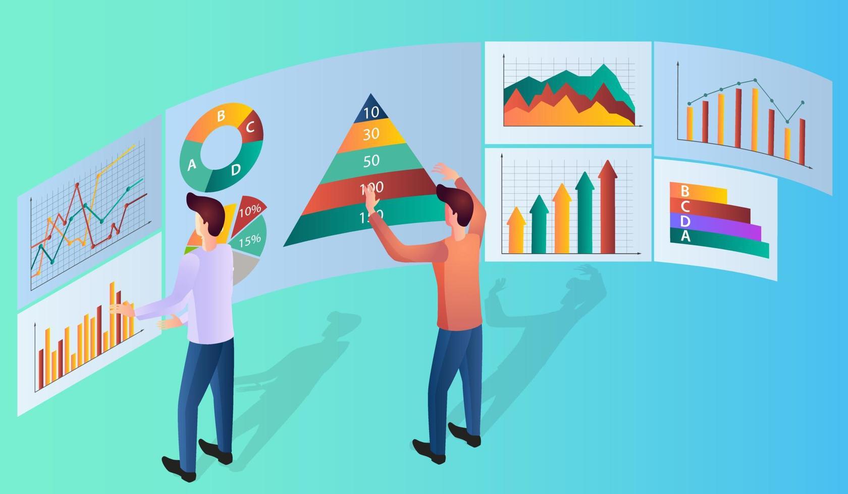 Business people who study and analyze data.The concept of collaboration and analytical thinking.Flat vector illustration.