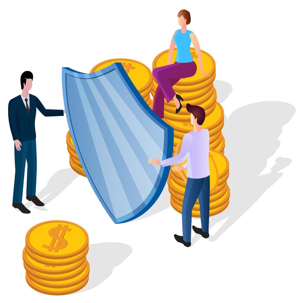 Financial safety.People hide money behind a shield.Protection of Bank deposits.Protection of banking data.Flat isometric illustration. vector