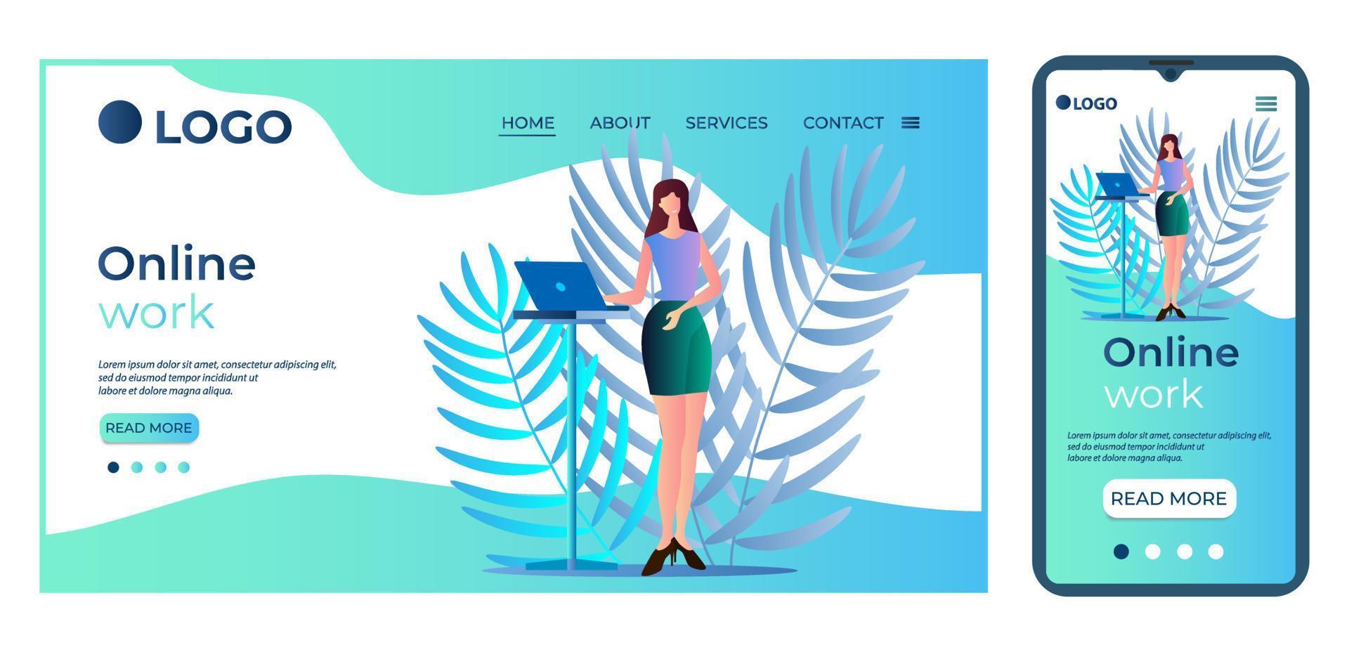 Online work.The concept of remote work.Completing online tasks.Freelance.Work during the quarantine.The template of the landing page.Flat vector illustration.
