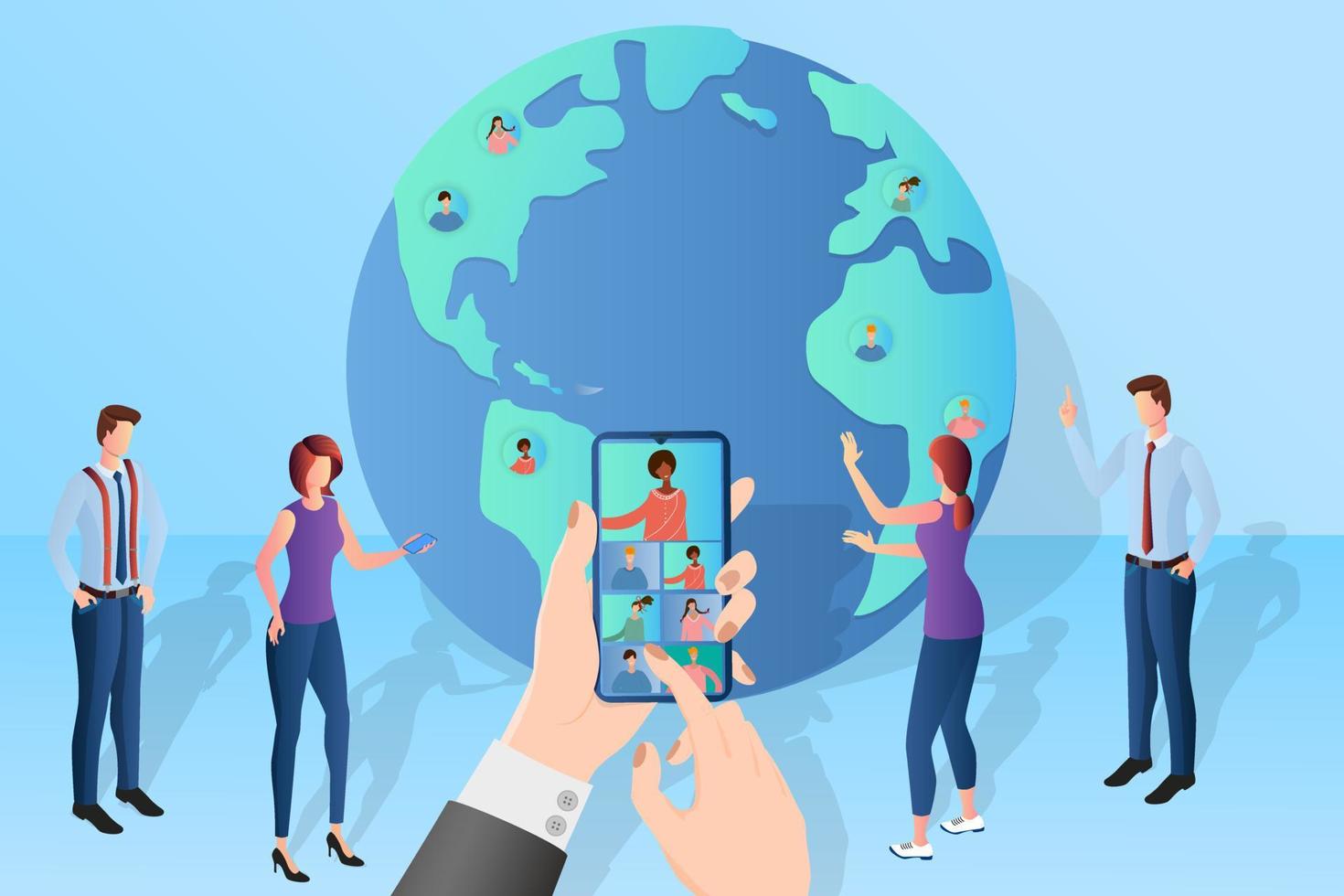 A group of businessmen hold an online video conference using a smartphone.Hands of a person with a smartphone on the background of the planet Earth.modern technologies of remote work and freelancing. vector