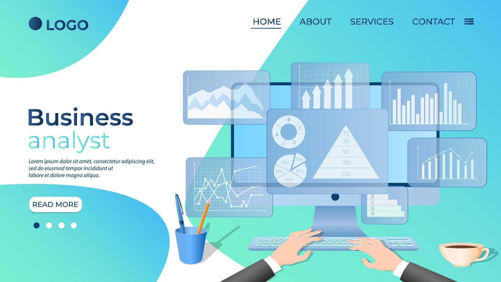 Business analyst.A businessman studies data on his laptop.The concept of remote work, office work, and freelancing.Infographics of business and Finance.Flat vector illustration.