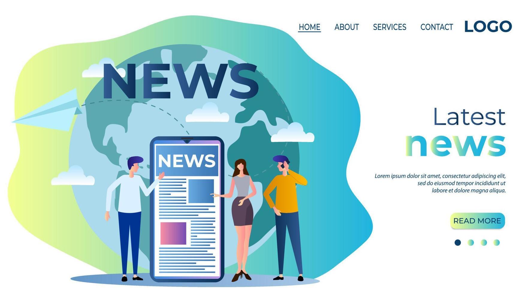Latest news.Concept of international news.People involved in the production of news programs.Teamwork.The template of the landing page.Flat vector illustration.