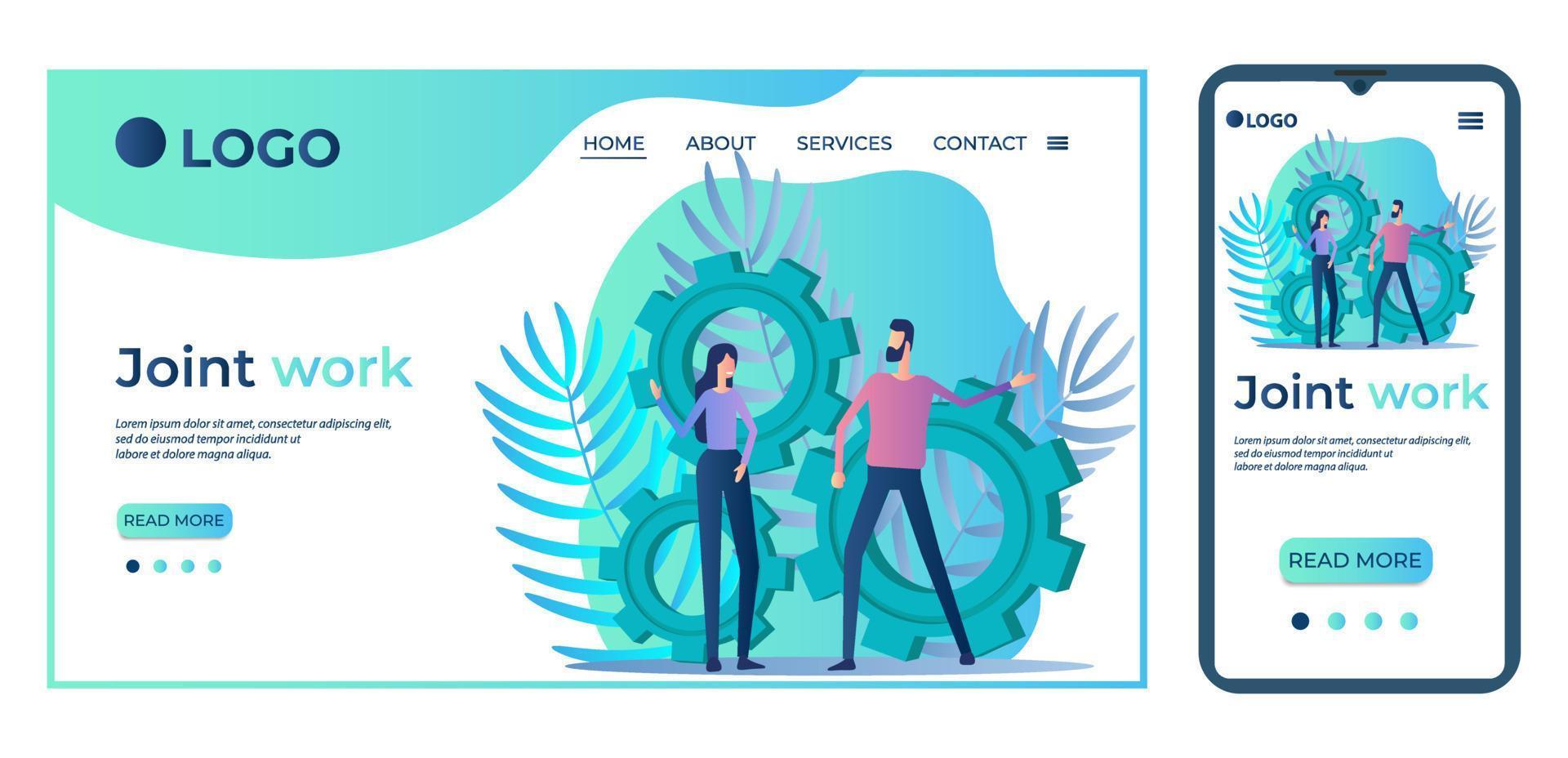 Collaboration.Teamwork.People work together to solve problems.Landing page template and smartphone adaptation.Flat vector illustration.