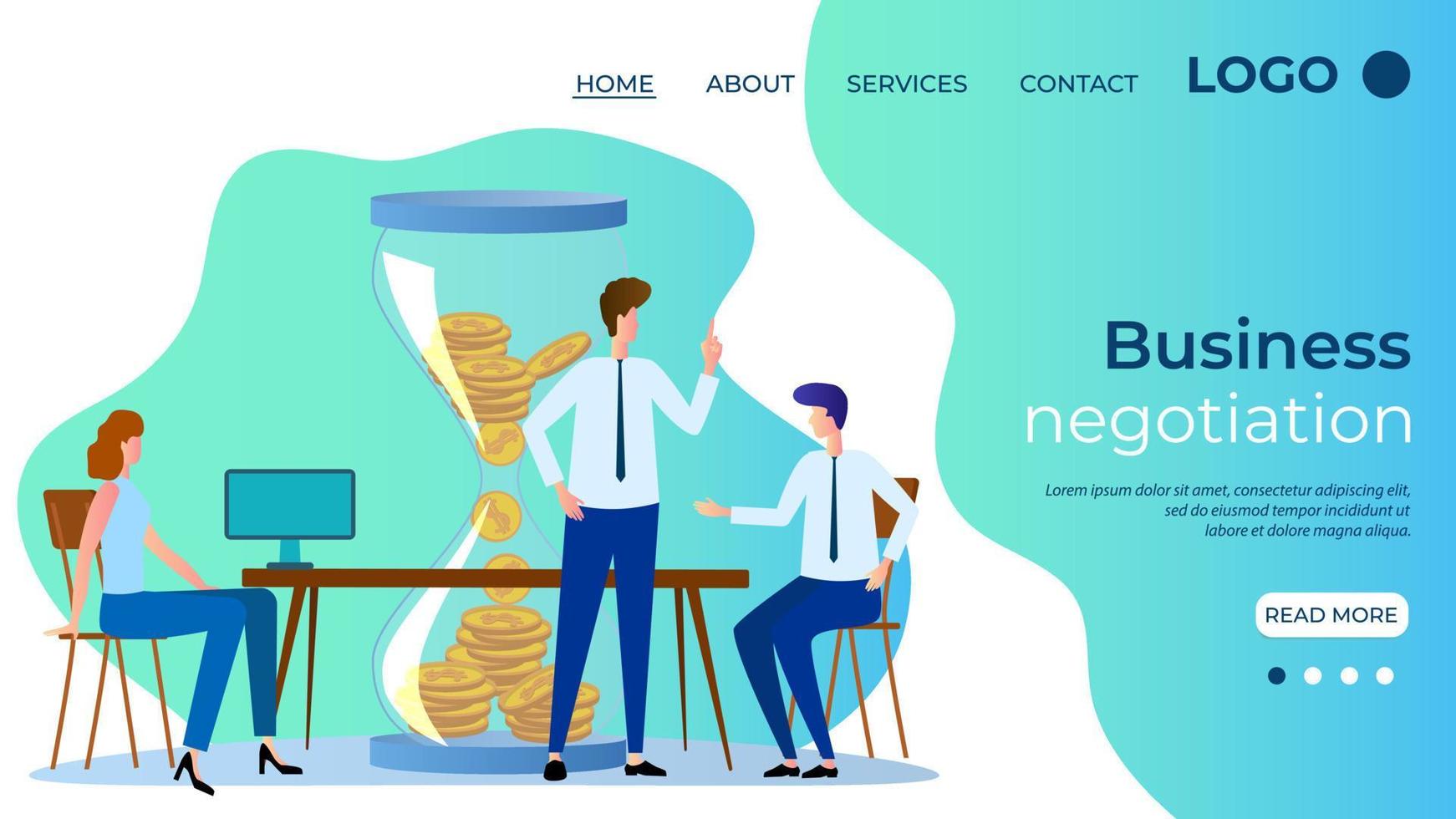 Business negotiation.People discuss solutions to business problems.Teamwork.Discussion of the agreement.People on the background of a large hourglass.The template of the landing page.Flat vector