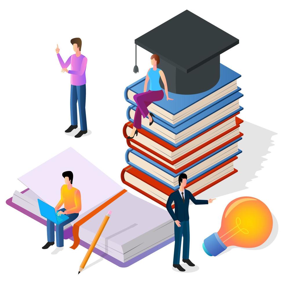 Business education.The concept of improving the level of qualification of businessmen.Level of education.People on the background of books.Isometric vector illustration.