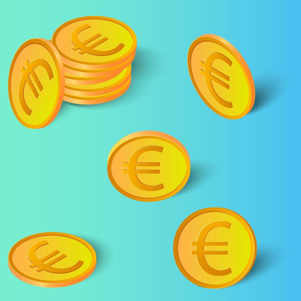 conjunto de monedas de oro en euros. monedas en diferentes ángulos con sombras sobre un fondo azul-verde.pueden usarse como elementos de diseño.ilustración vectorial. vector