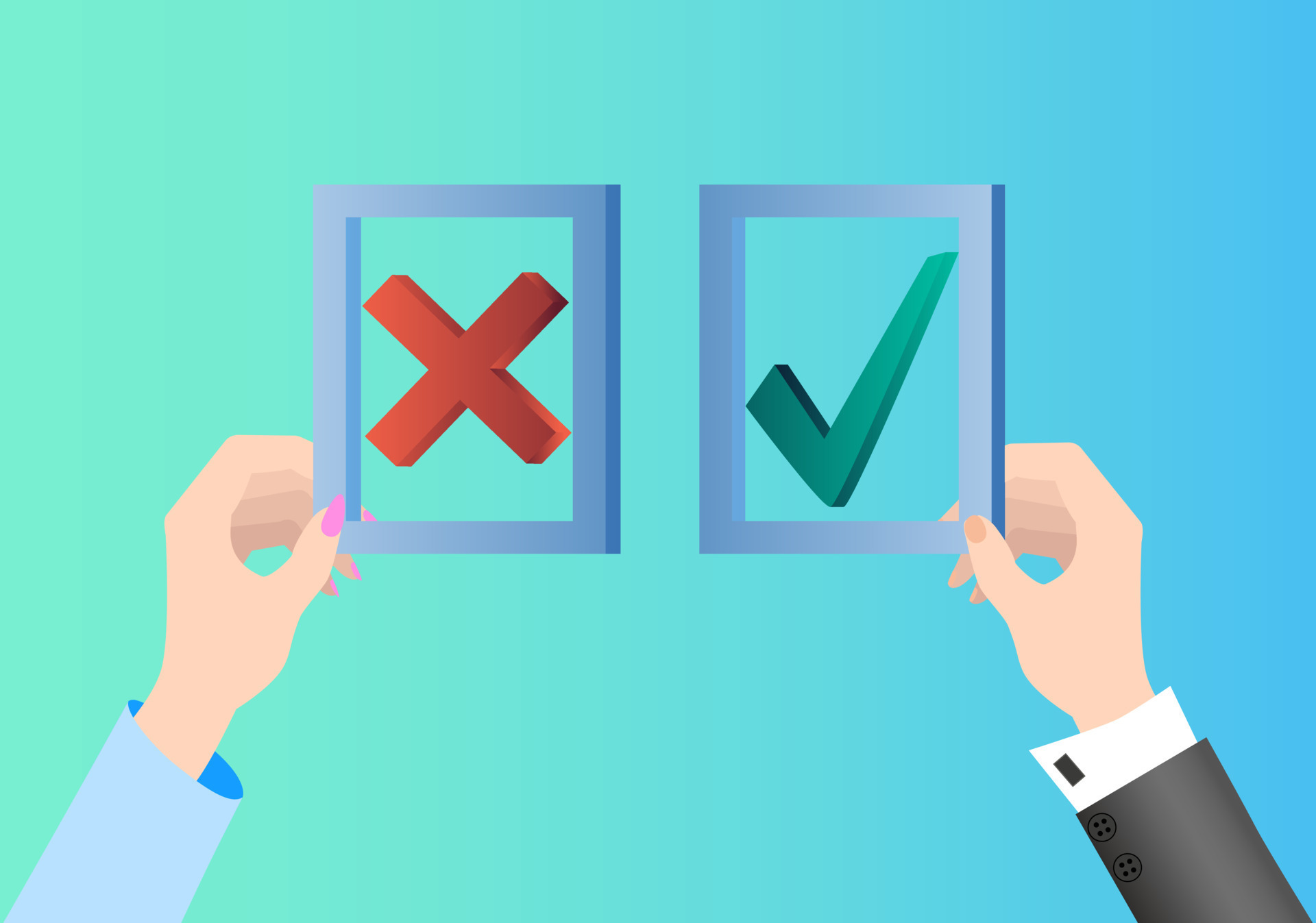 The pros and cons.Two hands hold signs with the words for and against