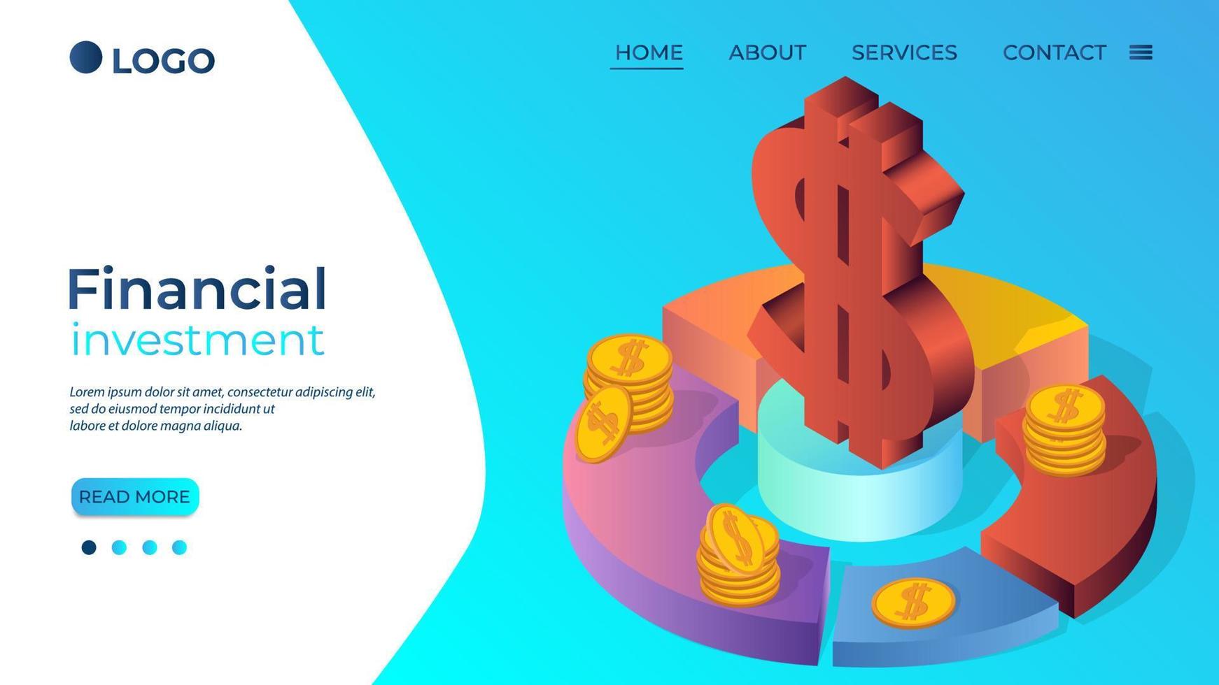 Financial investment.Dollar symbol infographic and dollar coins on a blue-green background.The concept of financial transactions.Design element.Isometric vector illustration.