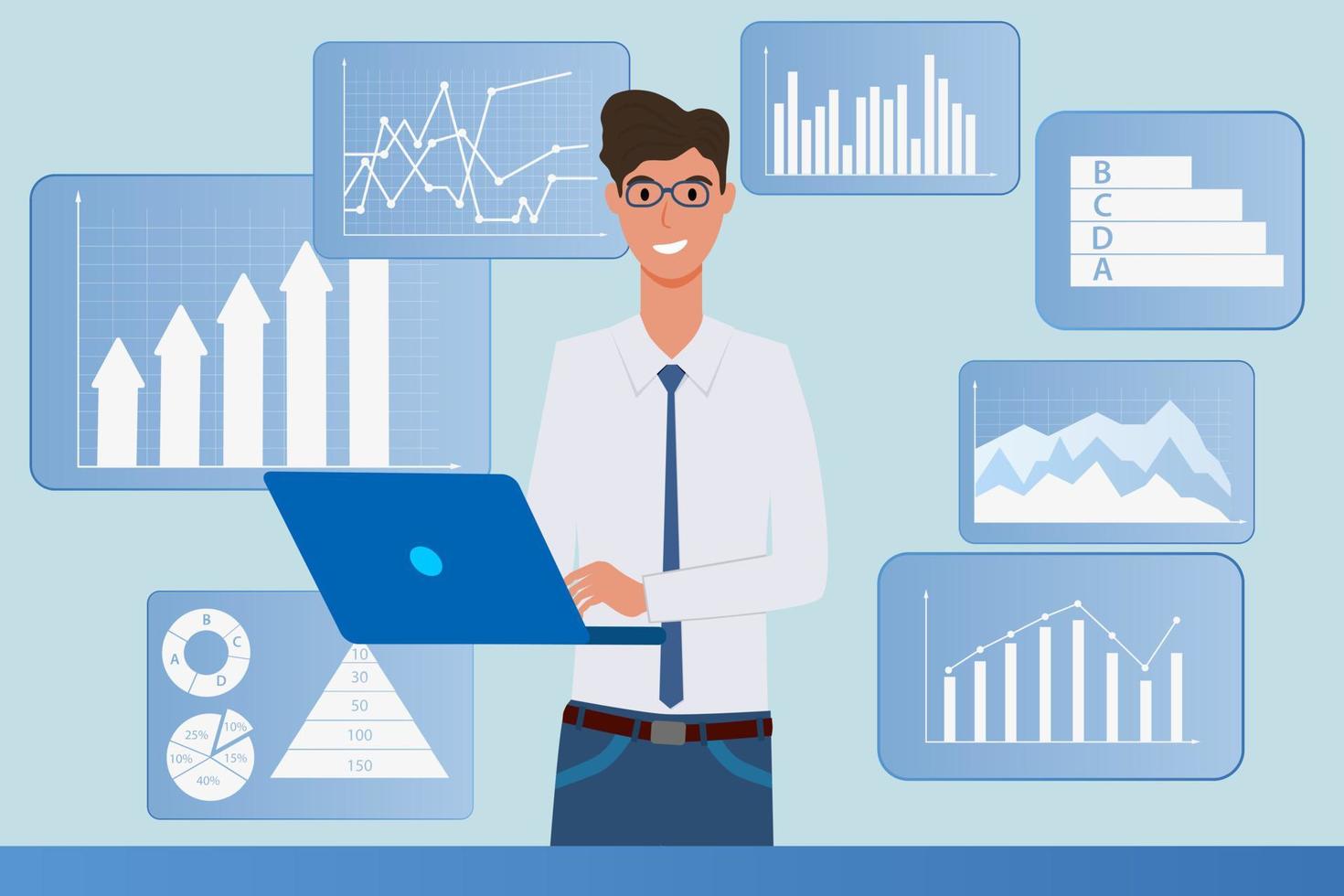 A businessman works at his laptop with an infographic in the background.Office work coworking and the concept of data analysis.Flat vector illustration.