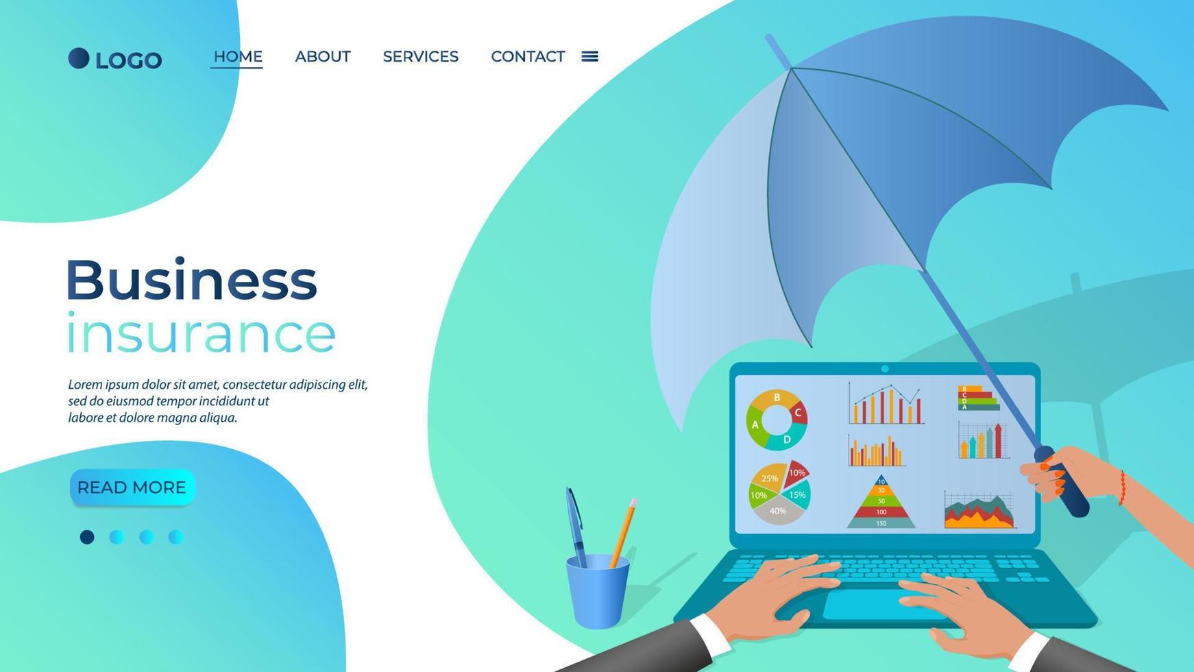 Business insurance.A hand with an umbrella covers a businessman.The concept of promoting and protecting business and business projects.Flat vector illustration.The template of the landing page.