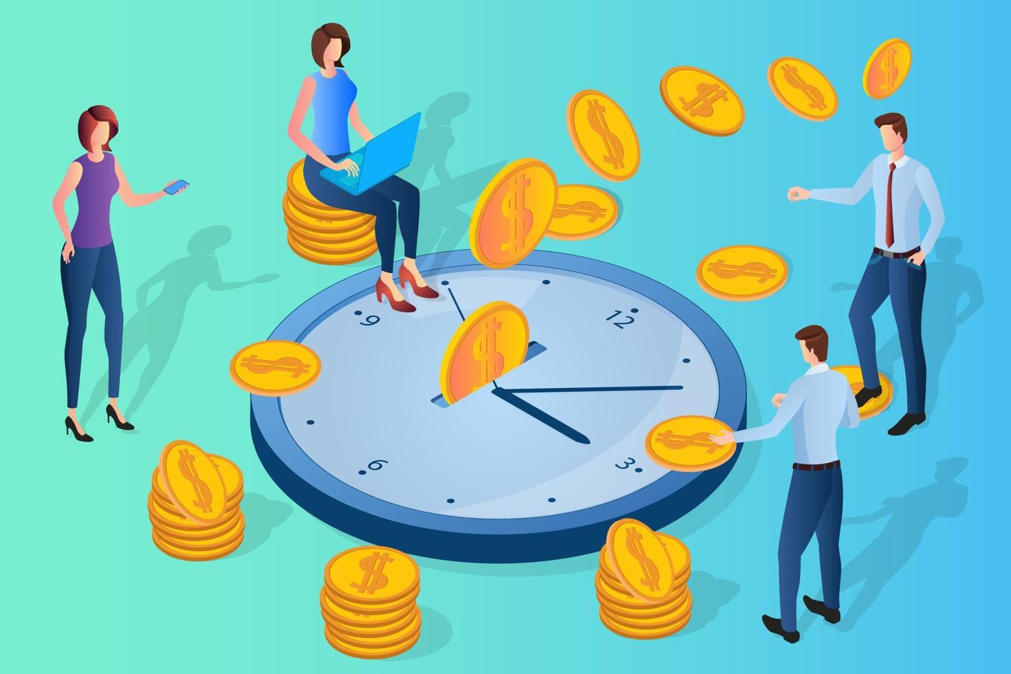 Time-management.People on the background of big hours are engaged in business regulation.Concept of working time management.Time control and search for free minutes.Isometric vector illustration.