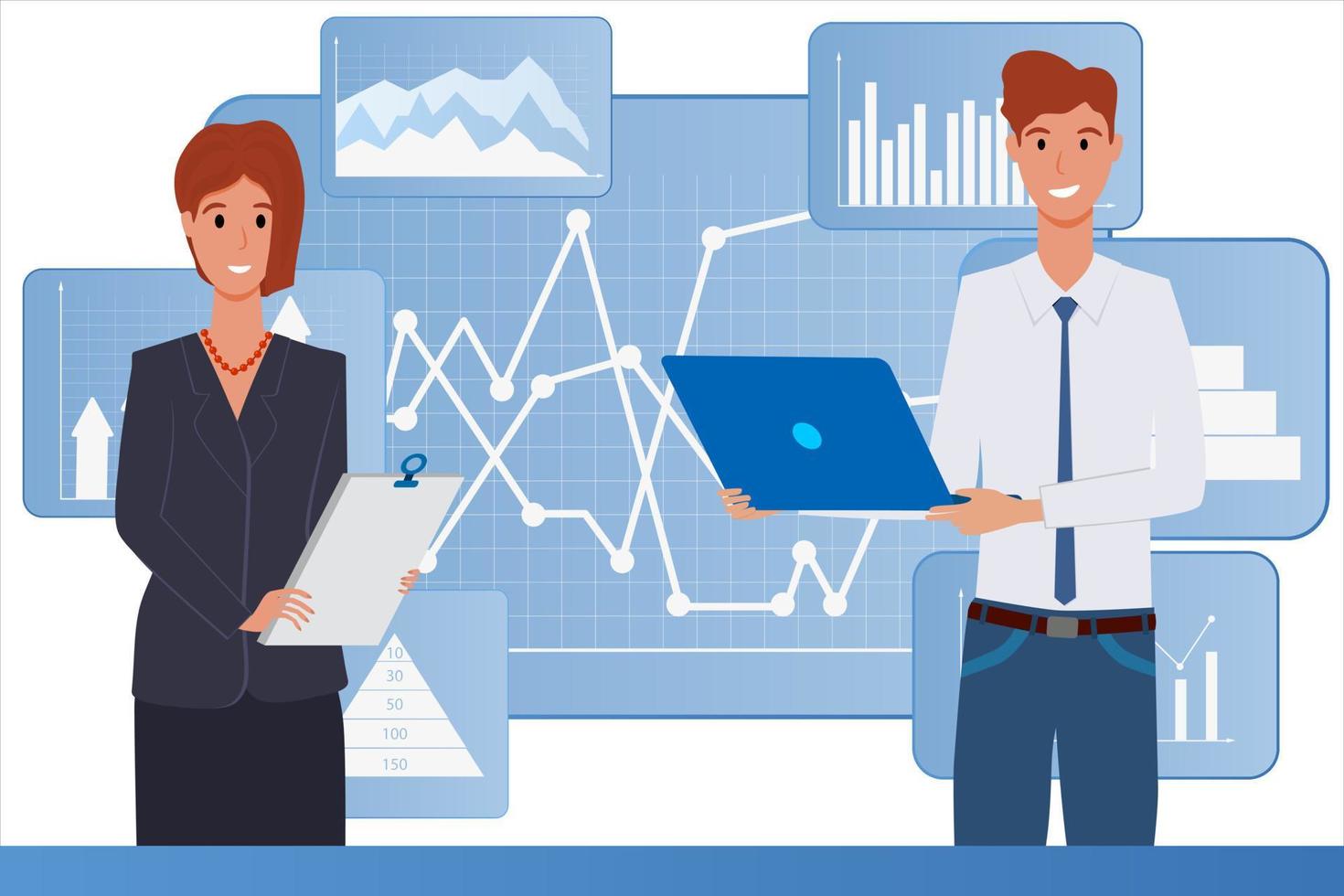 A young man and woman work in an office with an infographic in the background.Office work, coworking, studying business projects.Flat vector illustration isolated on a white background.