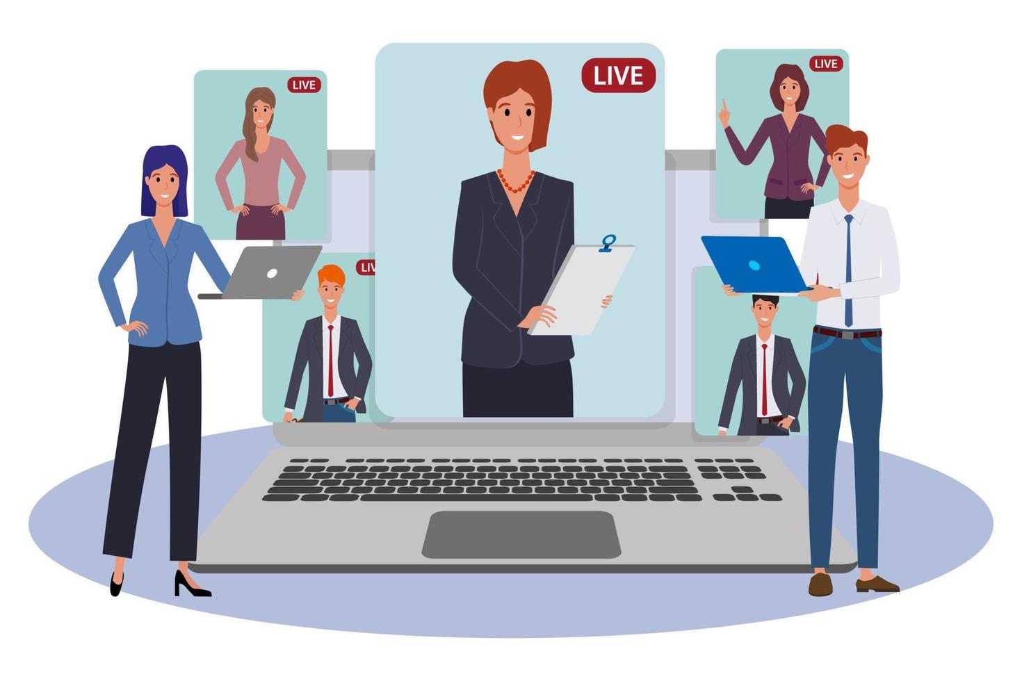 People hold a group meeting using a video conference.Freelance remote work using new technologies.It can be used for web design.Flat vector illustration.