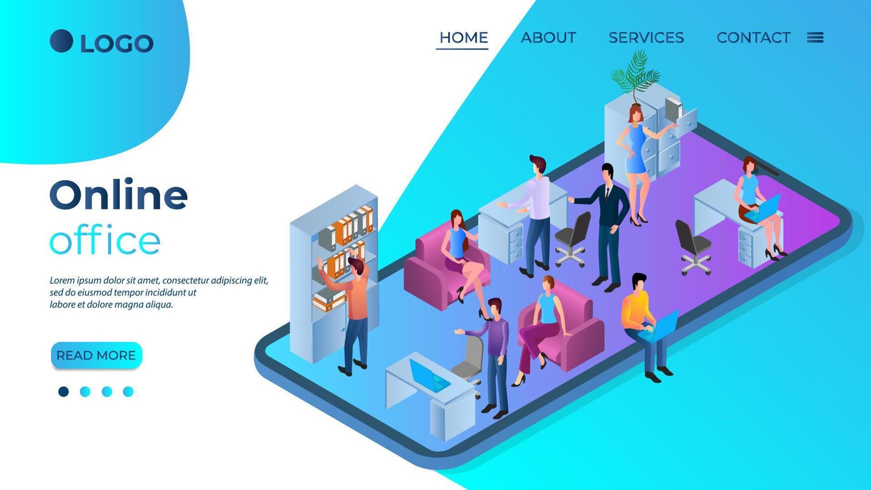 Online office.The concept of remote work.People work over an Internet connection in the background of a smartphone.Teamwork and team spirit.Isometric vector illustration.