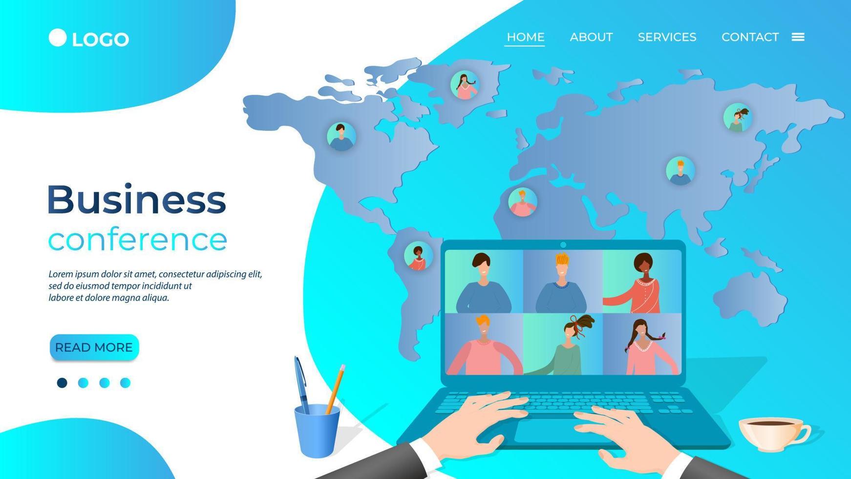 Business conference online.People communicate with each other using the Internet.Online training, remote work, freelancing.Virtual office on the background of the world map.Flat vector illustration