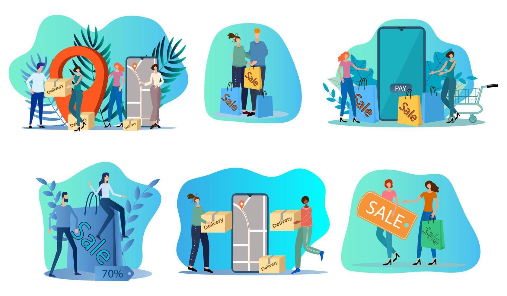 The concept of modern sales.Online trading, sale.Fast delivery of goods.A set of modern vector images on commercial themes.