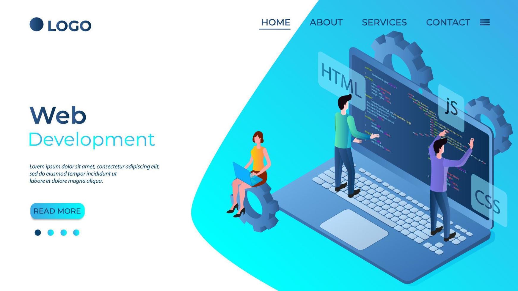 Web development.Software development.People work with software code on a laptop screen.Application development.The template of the landing page.Isomerically vector illustration.