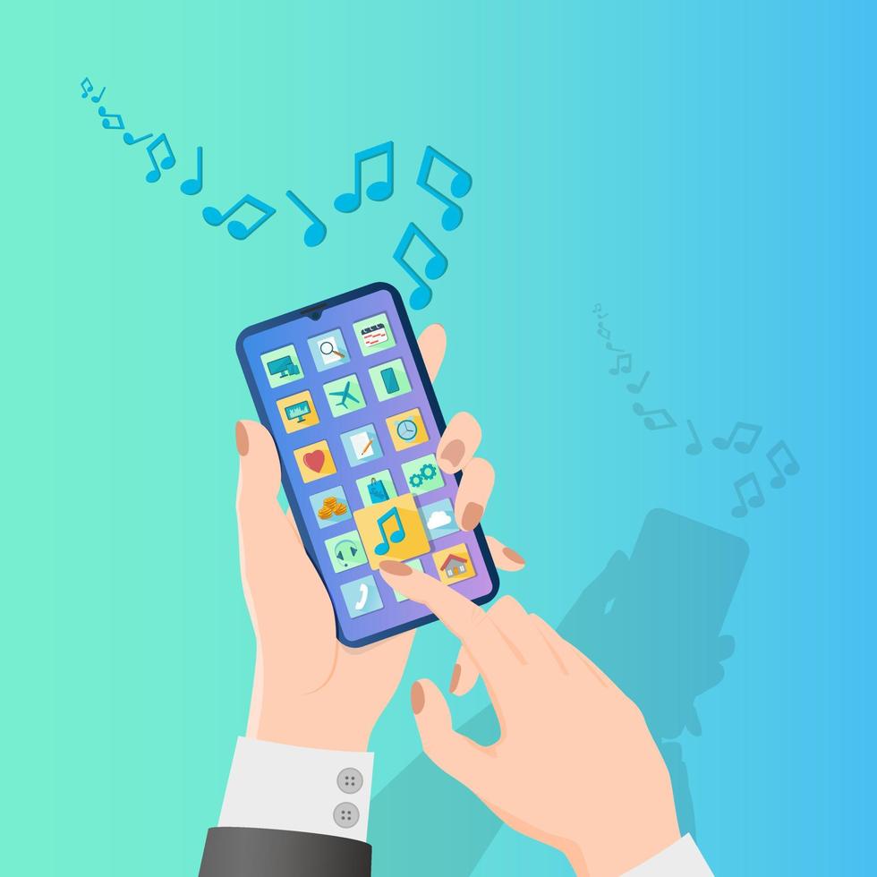 A person listens to music using a smartphone.People use modern devices.Use of modern technologies.Flat vector illustration.