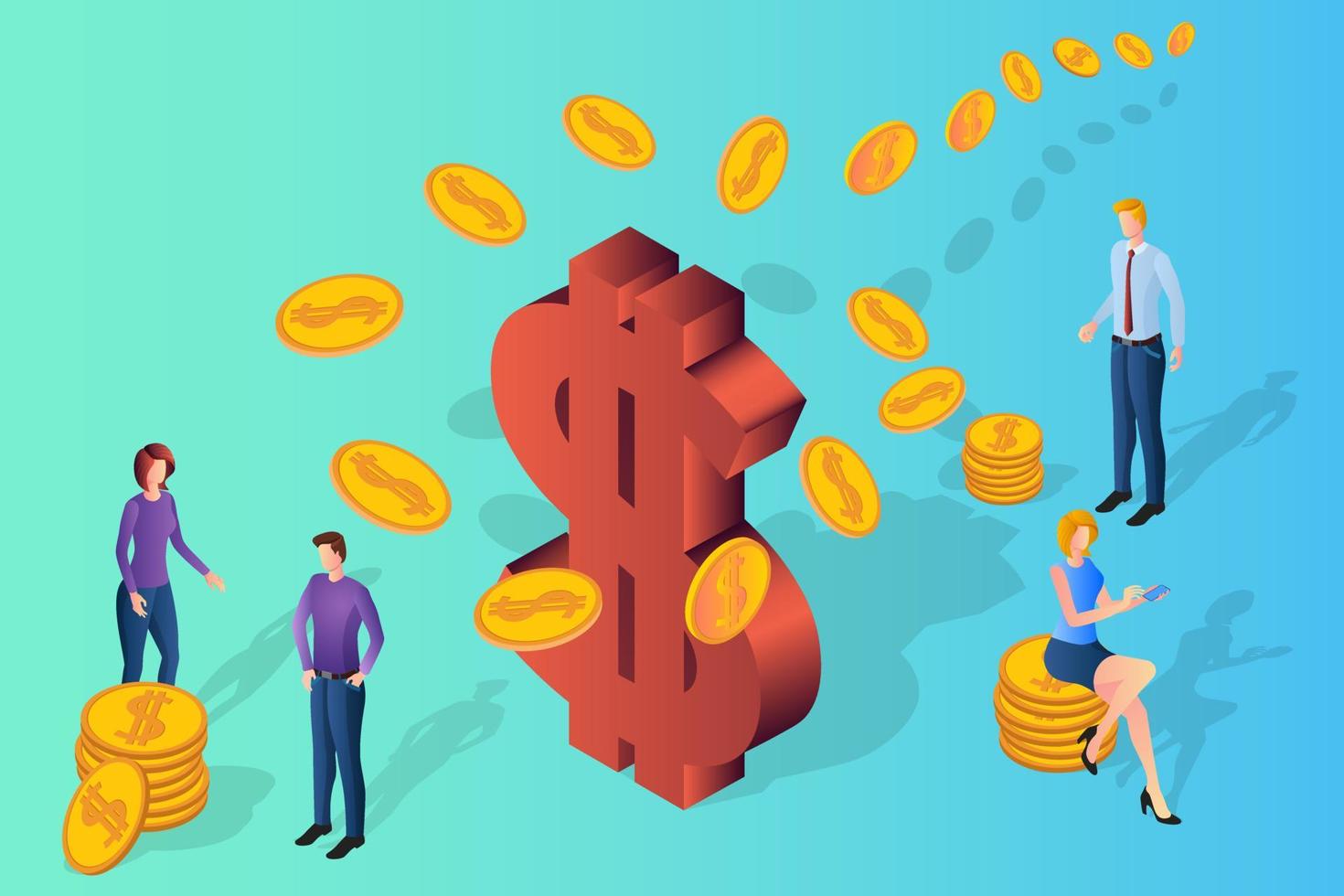 People are engaged in investment projects.People on the background of a large dollar sign.Financial investments,securities transactions, and market analysis.Isometric vector illustration.