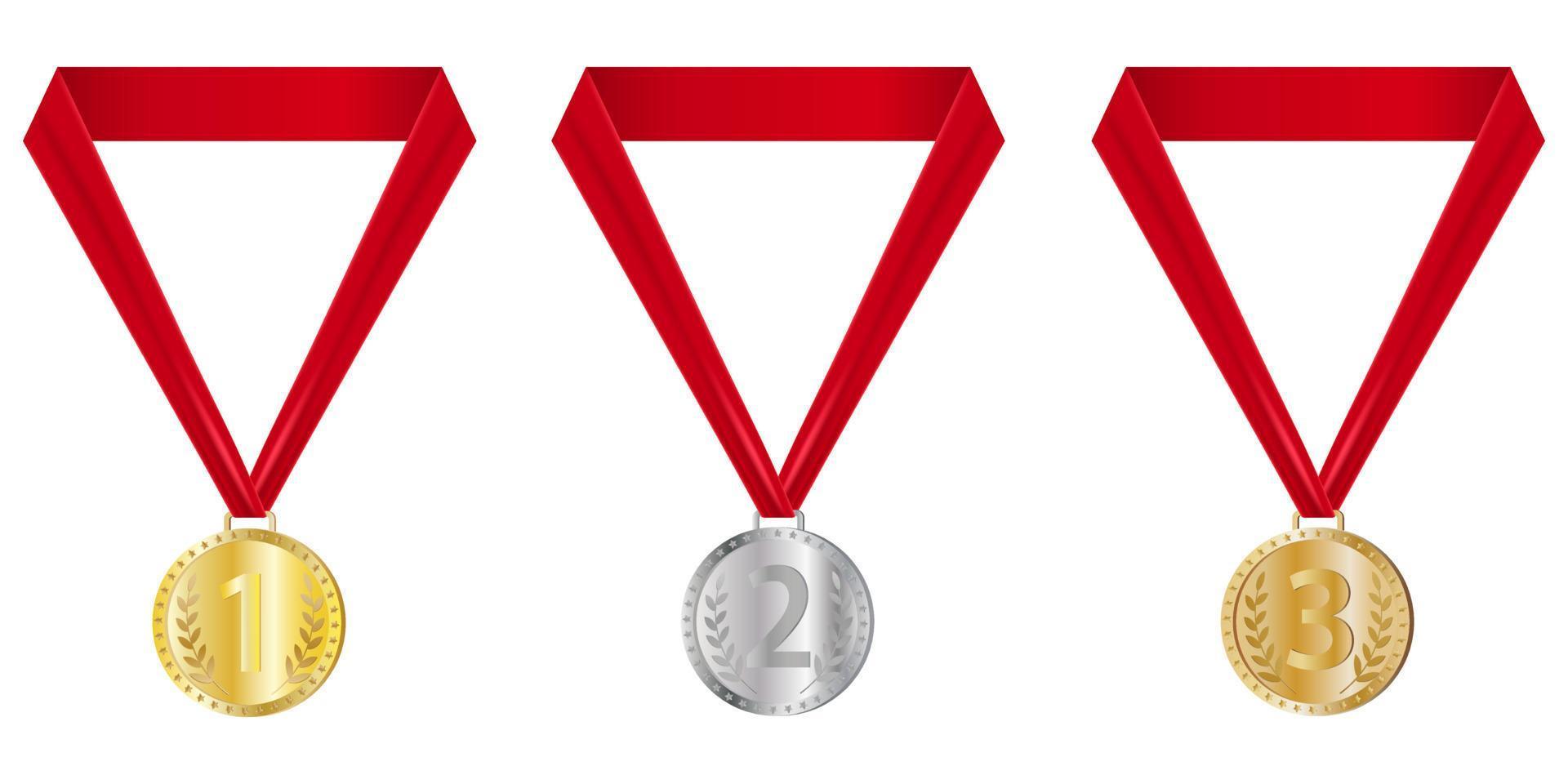 medallas de oro, plata y bronce. medallas de premio con cintas rojas. medallas para el primer, segundo y tercer lugar. un conjunto de medallas de premio aisladas en un fondo blanco. ilustración vectorial realista vector