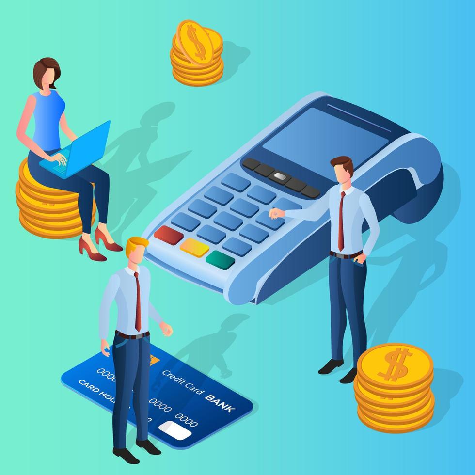Banking operation.Bank employees in the background of the credit card payment terminal.The concept of Bank payments transfers and inancial activity.Isometric vector illustration.