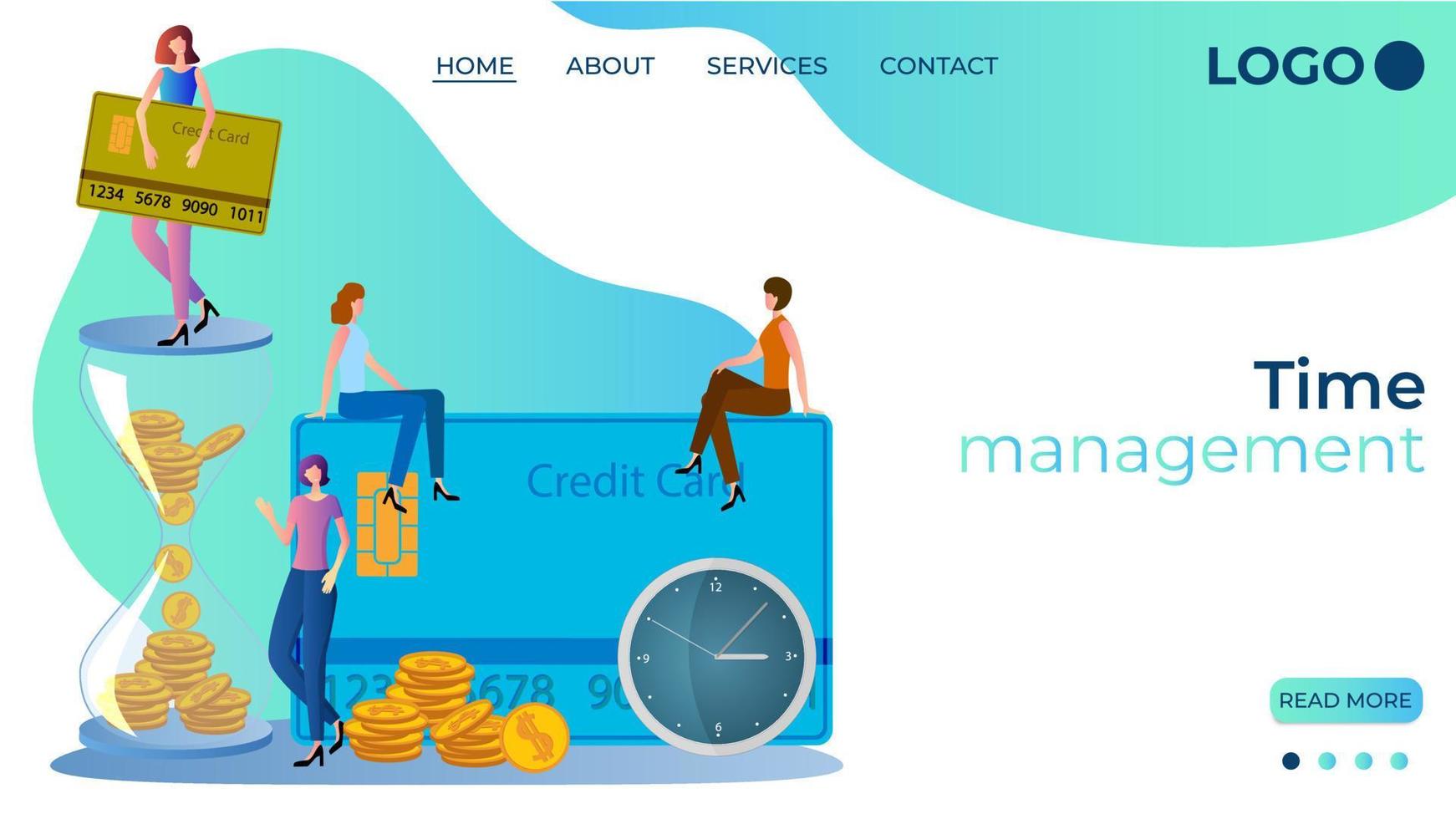 Time management.People on the background of a large clock, an hourglass with money.Effective workflow management.Time control.Landing page template.Flat vector illustration.