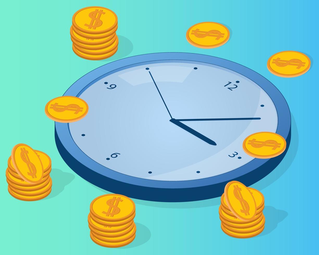 Time-management.Watches and coins.Time is money.The concept of time control.Isometric vector illustration.