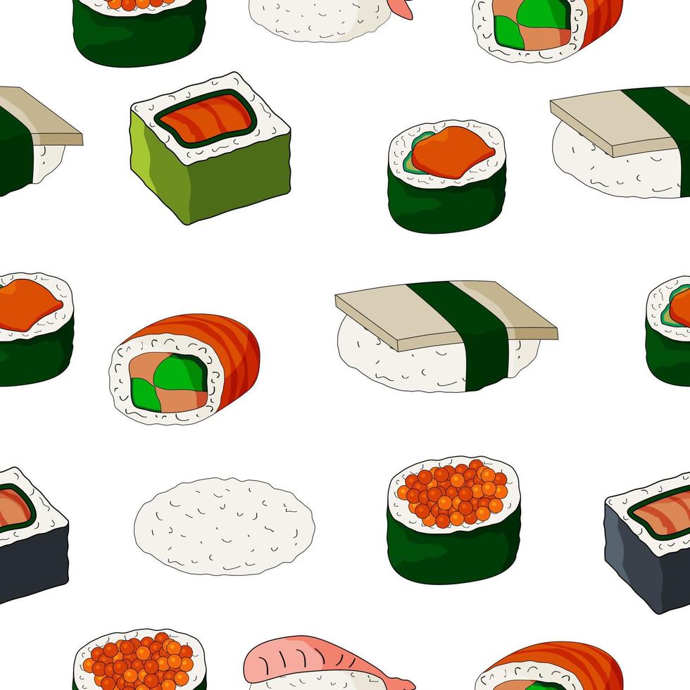patrón sin costuras de comida japonesa.sushi, sashimi, rollos y pescado sobre un fondo blanco. ilustración vectorial plana. vector