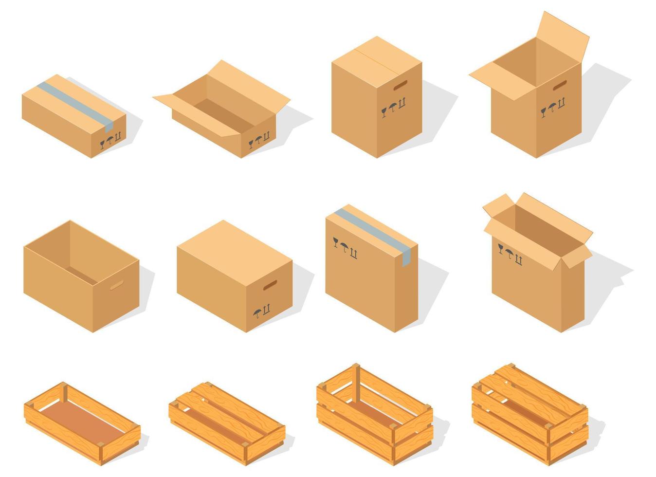 un conjunto de cajas de cartón y cajas de madera. cajas de cartón y madera en diferentes ángulos, cerradas y abiertas. ilustración vectorial isométrica. vector