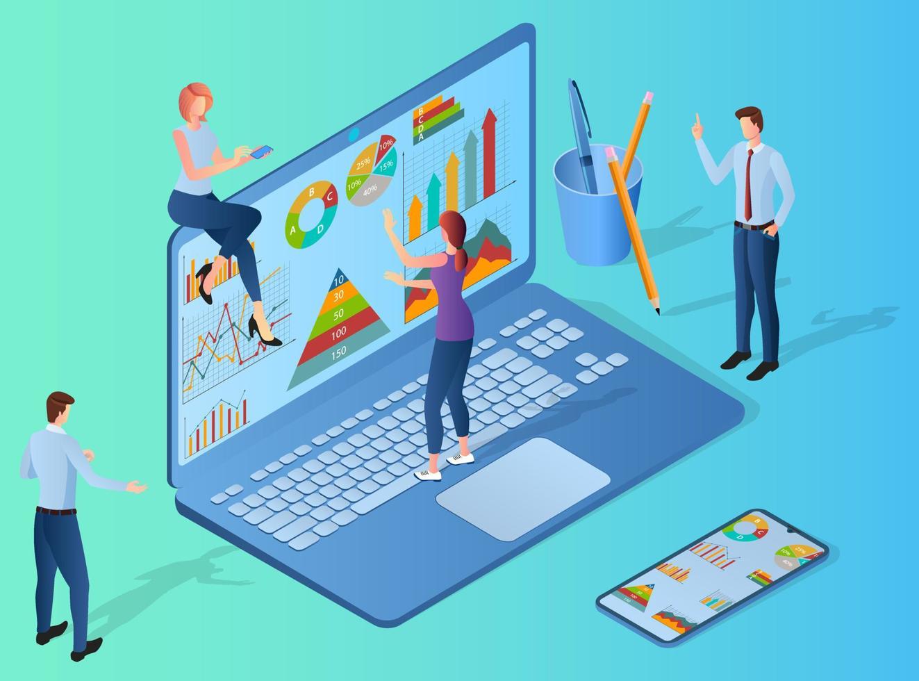 Businessmen are engaged in data analysis on a laptop. teamwork,use of modern technologies.Electronic learning webinar for students.Online video training.Isometric illustration vector