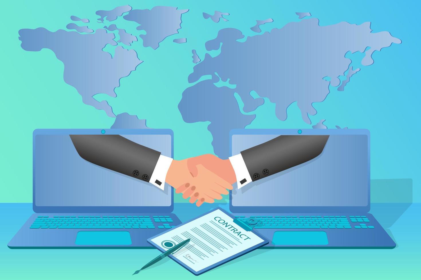 Handshake online.The signing of the contract with the help of online connection.The concept of modern business technologies.Isometric vector illustration.