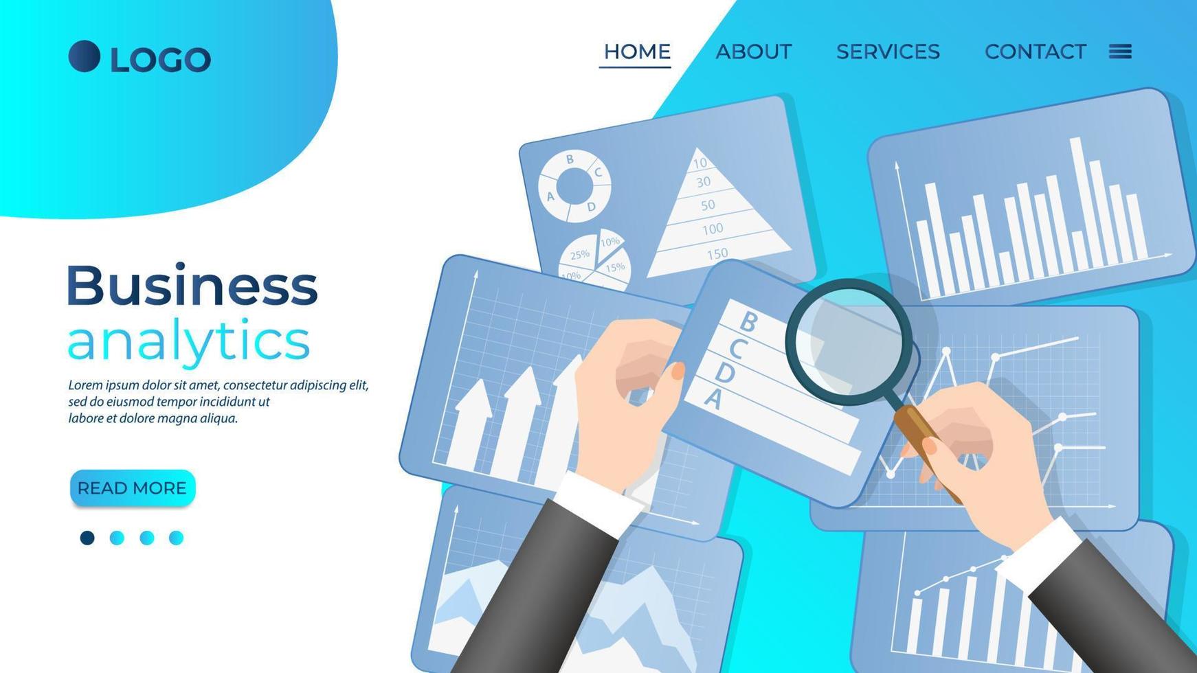Business analytics.A businessman studies charts and graphs and evaluates the business.Concept over business process.Flat vector illustration.The template of the landing page.