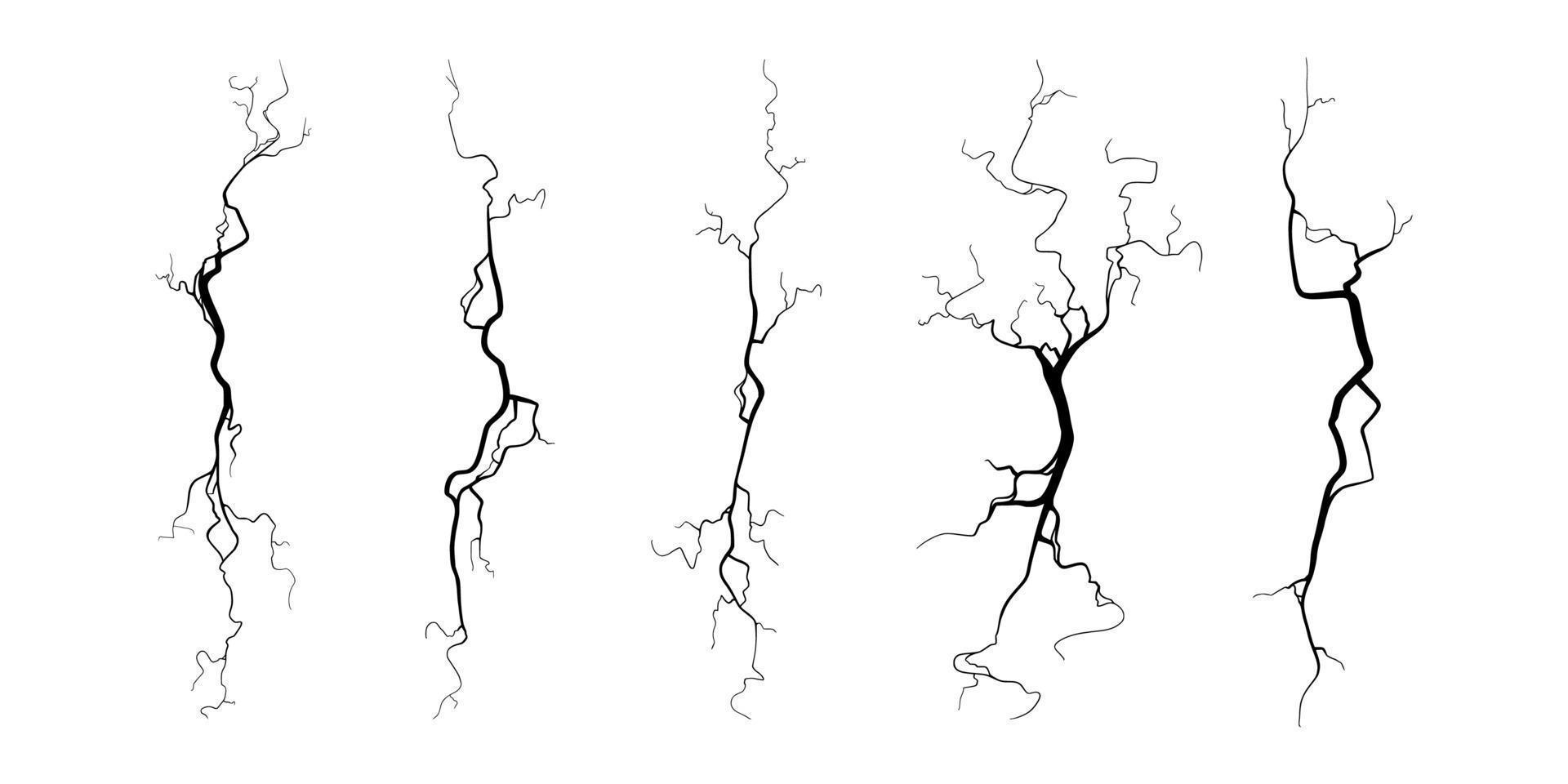 Crack on concrete or ground due to aging or drought. Set of fissures isolated in white background. Vector illustration