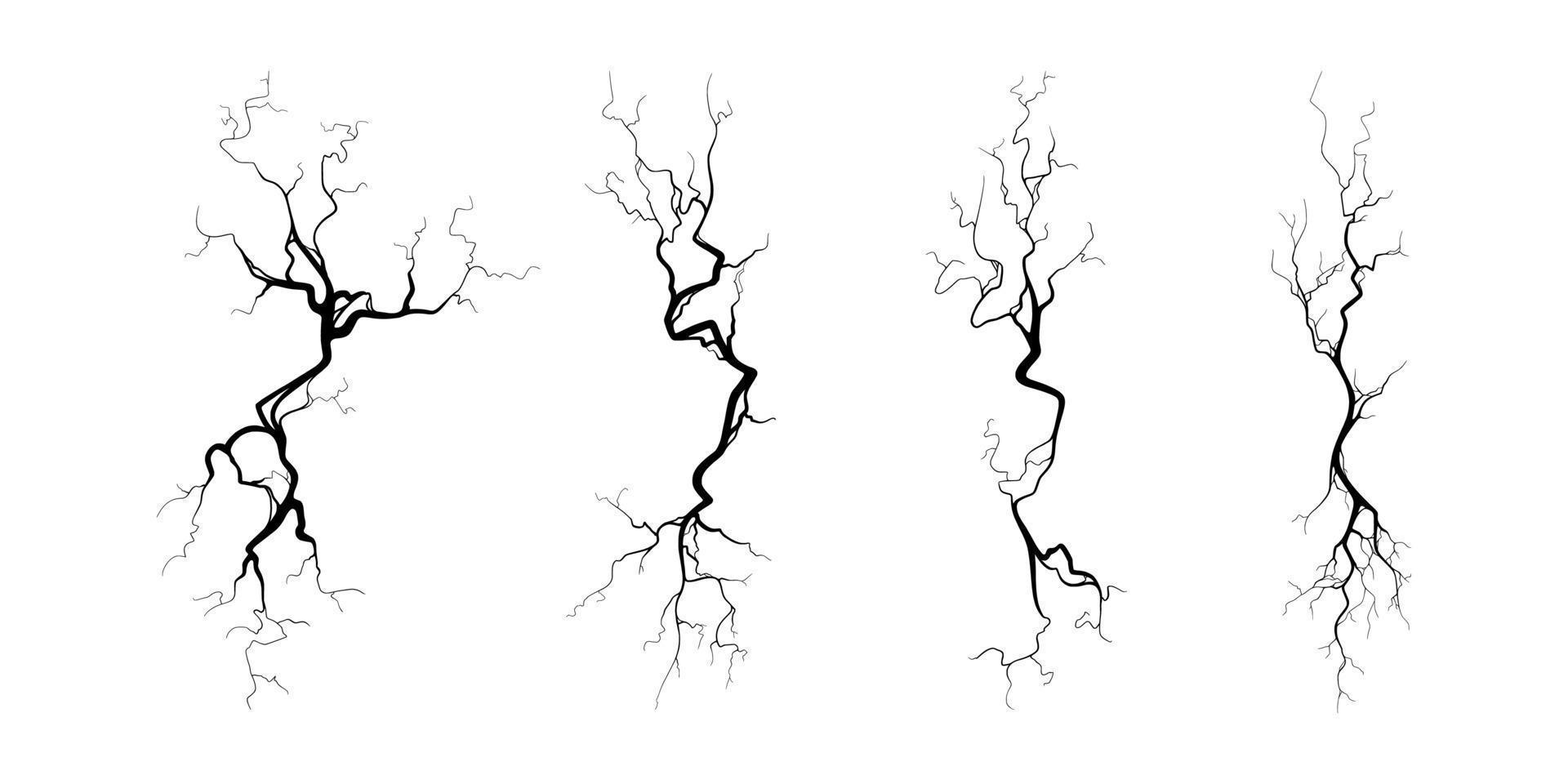 Crack on concrete or ground due to aging or drought. Set of fissures isolated in white background. Vector illustration