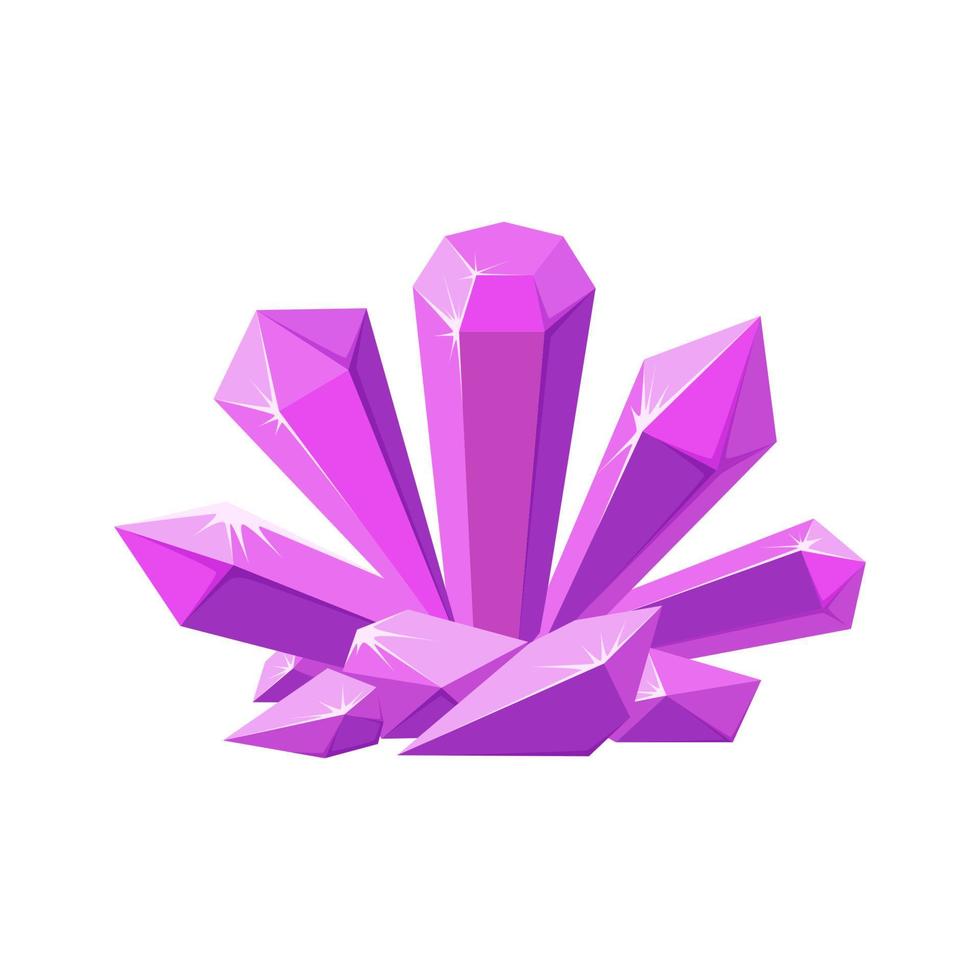 Pink crystals or gemstones. Shimmering crystal druse made of amethyst isolated in white background. Vector illustration