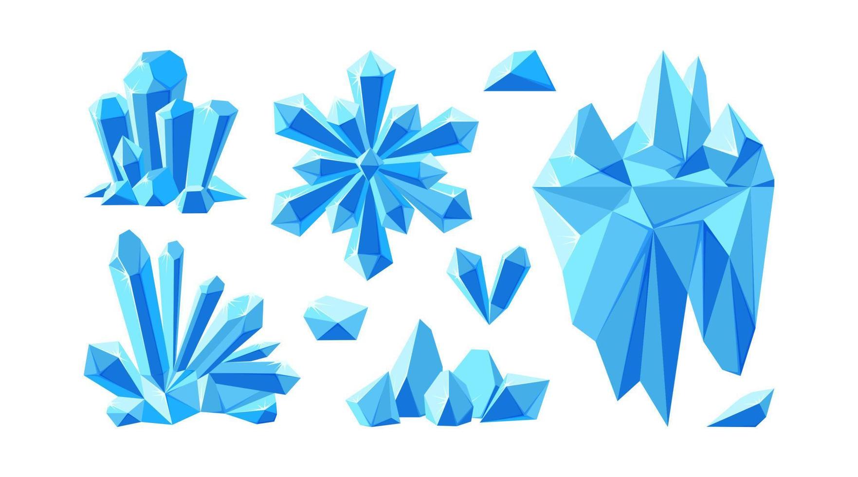 Iceberg with crystals and snowflake for arctic landscapes. Set of crystal gems and stones for game design. Vector illustration